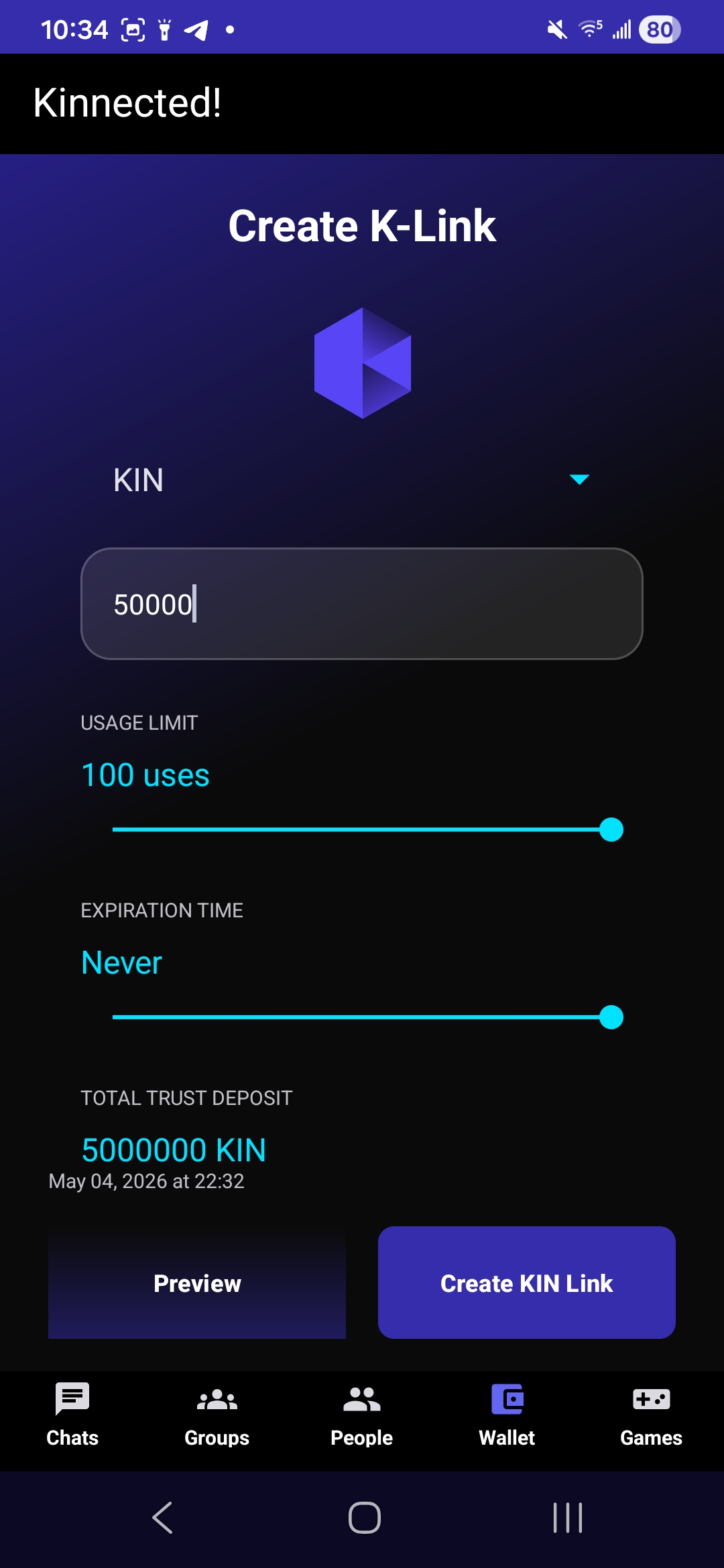 Kinnected Wallet showing Create K-Link button